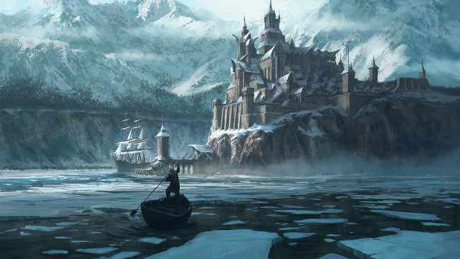 Обои картинки фото фэнтези, замки, человек, лодка, город, зима, лед, корабль, горы, берег, море