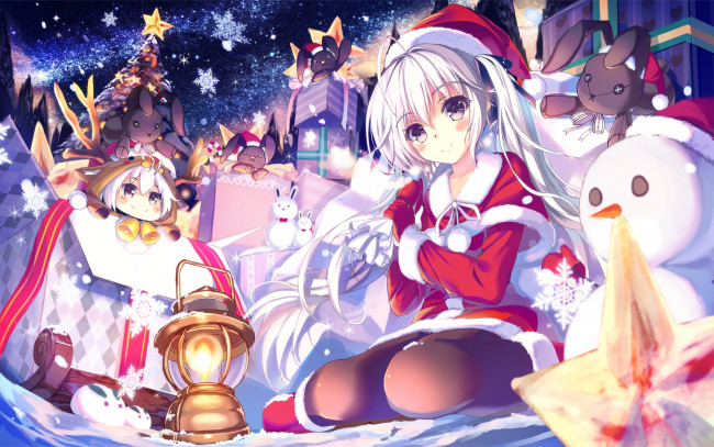 Обои картинки фото аниме, yosuga no sora, игрушки, снежинки, праздник, ёлка, новый, год, снеговик, девушка, арт, christmas, yosuga, no, sora