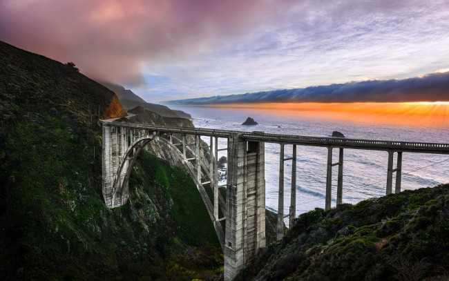Обои картинки фото города, - мосты, мост, природа, небо, рассвет, побережье, california, bixby, bridge