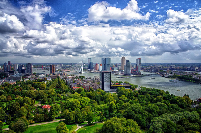 Обои картинки фото города, - панорамы, небо, деревья, река, дома, роттердам, netherlands, rotterdam