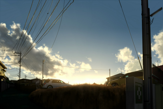 Обои картинки фото аниме, город,  улицы,  здания, дома, mogumo, машины, рассвет, небо, солнце, облака, техника, провода