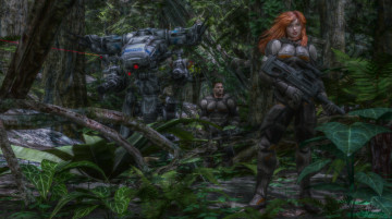 Картинка 3д+графика фантазия+ fantasy девушка робот взгляд лес парень оружие фон