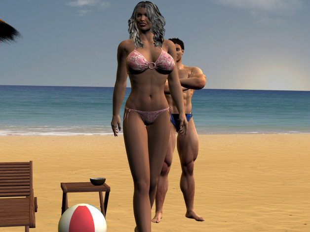Обои картинки фото 3д графика, люди , people, шезлонг, пляж, парень, фон, взгляд, девушка
