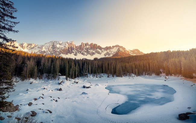 Обои картинки фото природа, зима, озеро, карецца, южный, тироль, ели, доломитовые, альпы, горы, италия, снег