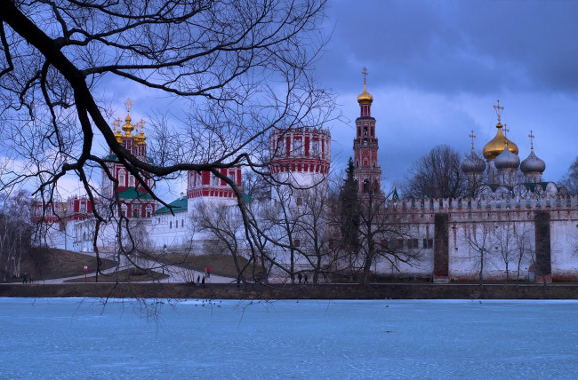 Обои картинки фото города, - православные церкви,  монастыри, река, зима, ветки, москва, монастырь, новодевичий, дерево, россия, москва-река
