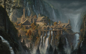 Картинка фэнтези _lord+of+the+rings водопад город деревья горы