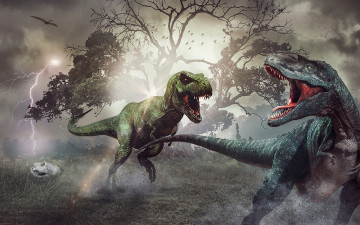 Картинка рисованное животные +доисторические динозавры тиранозавр велоцераптор нападение охота сражение ящеры монстры пасть хвост ископаемые древний эра