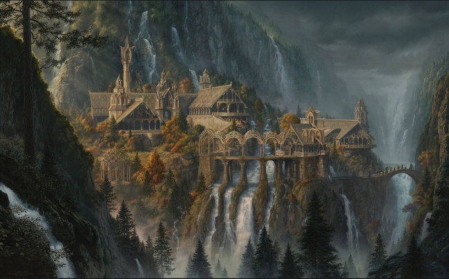 Обои картинки фото фэнтези, _lord of the rings, водопад, город, деревья, горы