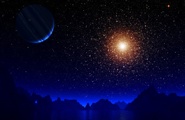 Обои картинки фото 3д графика, природа , nature, свет, ночь, луна, отражение, вода, космос, звёзды