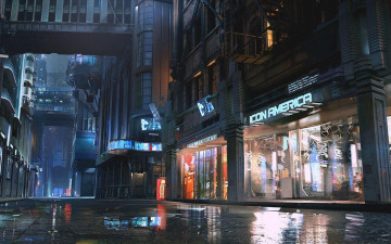 обоя видео игры, cyberpunk 2077, город, улица, огни, лужи