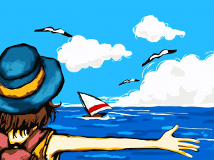 обоя рисованное, дети, девочка, шляпа, море, чайки, яхта