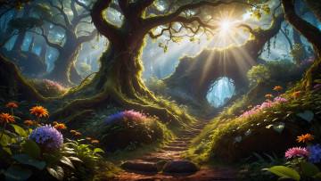 обоя рисованное, природа, mystical, forest, path, sunlight, ai, art, surrealism, nature