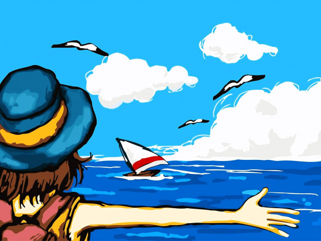 Обои картинки фото рисованное, дети, девочка, шляпа, море, чайки, яхта