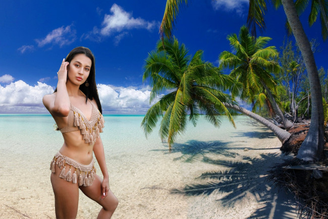 Обои картинки фото девушки, victoria mur aria, тропики, пальма, поза, вязаный, купальник