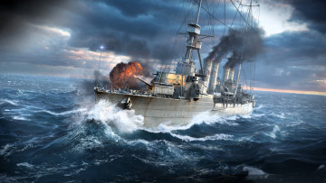 Картинка видео+игры world+of+warships крейсер корабль стрельба море тучи