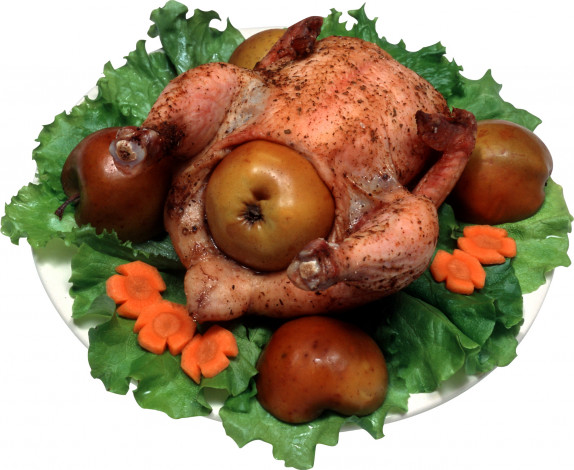 Обои картинки фото еда, мясные, блюда, листья, салата, курица, яблоки