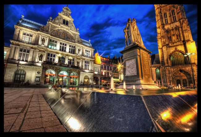 Обои картинки фото гент, бельгия, города, огни, ночного, здание, памятник, площадь