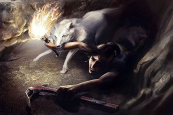 Картинка видео игры tomb raider 2013 lara croft волк факел пещера ледоруб арт