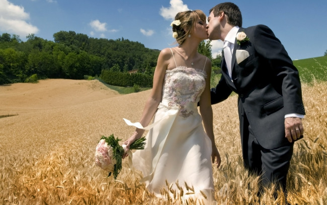 Обои картинки фото разное, мужчина женщина, влюбленные, поцелуй, поле, невеста, пара, жених, двое, свадьба