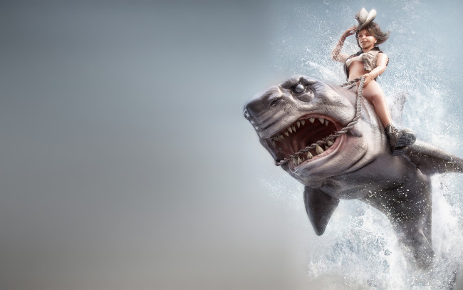 Обои картинки фото акула, 3д графика, humor , юмор, shark, девушка