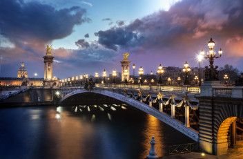 обоя города, париж , франция, фонари, мост