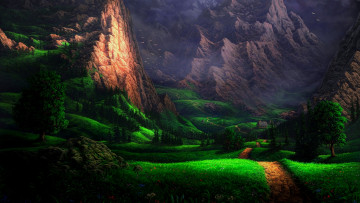 Картинка рисованное природа горы склоны птицы дом пейзаж
