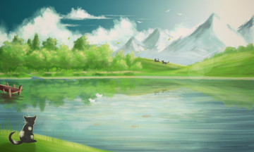 Картинка рисованное природа кот горы пейзаж рыбки облака птицы
