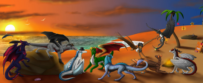Обои картинки фото рисованное, животные,  сказочные,  мифические, драконы, закат, море