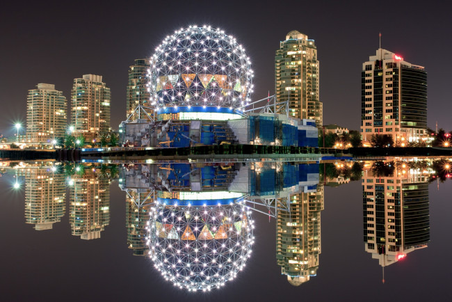 Обои картинки фото города, ванкувер , канада, ванкувер, ночь, огни, отражение