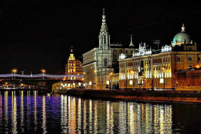 Обои картинки фото moscow, города, москва , россия, река, ночь, набережная