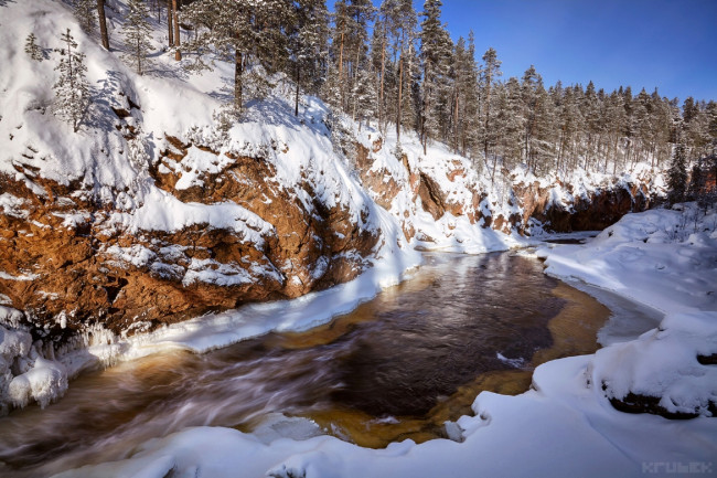 Обои картинки фото природа, зима, река, обрыв, krubek, снег, лес