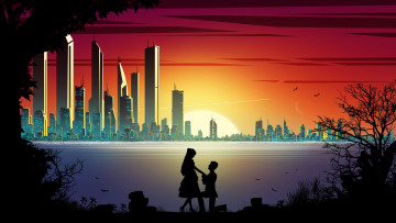 Картинка векторная+графика город+ city двое романтика город силуэты закат