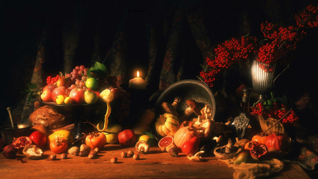 Обои картинки фото еда, натюрморт, грибы, фрукты, ягоды