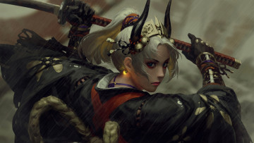 Картинка фэнтези девушки девушка самурай меч рога