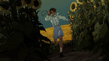 Картинка аниме пейзажи +природа мальчик подсолнухи поле