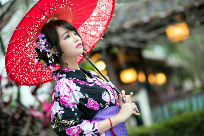 Обои картинки фото девушки, - азиатки, японка, кимоно, зонтик
