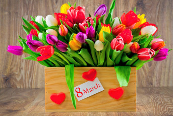 обоя праздничные, международный женский день - 8 марта, тюльпаны, ящик