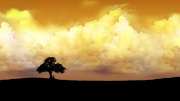 обоя векторная графика, природа , nature, облака, закат, дерево, человек