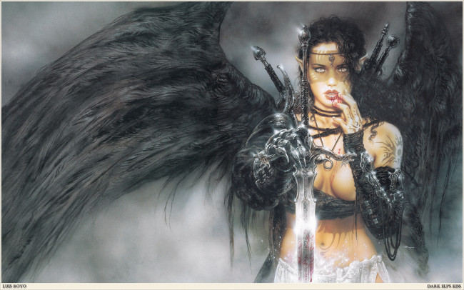 Обои картинки фото luis, royo, фэнтези, воительница, эльфийка, девушка, эльф, меч, ангел