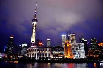 Картинка город города шанхай китай горд огни вода отражение ночь