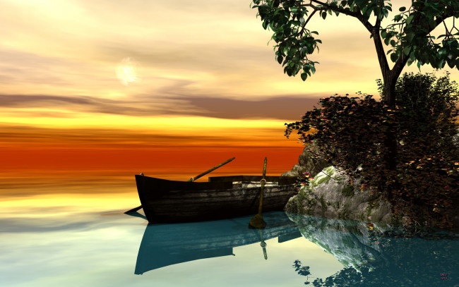 Обои картинки фото 3д, графика, nature, landscape, природа, дерево, море, лодка