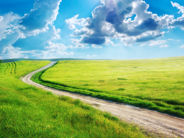 Обои картинки фото природа, дороги, поля, трава, небо, облака, дорога