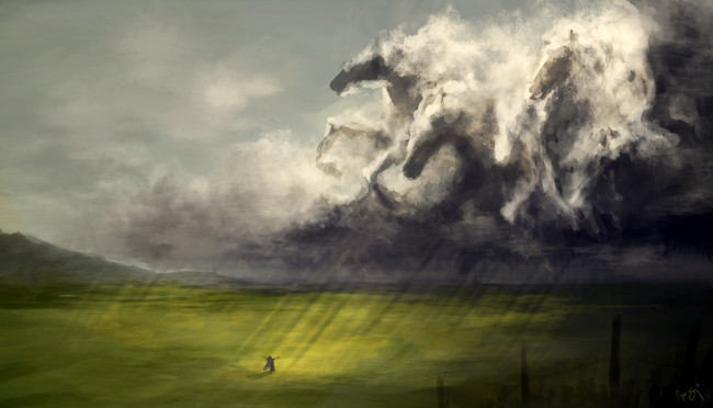 Обои картинки фото фэнтези, магия, дождь, лучи, облака, лошади, табун, фигура, девушка, поле