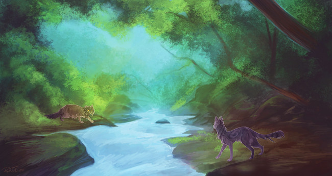Обои картинки фото рисованное, животные,  коты, коты, река, лес