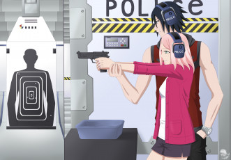 Картинка аниме naruto мишень тир оружие саске пистолет наушники сакура