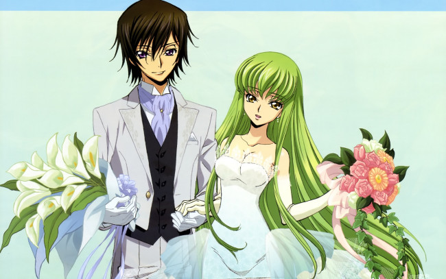 Обои картинки фото аниме, code geass, каллы, lelouch, lamperouge, код, гиас, перчатки, букет, takahiro, kimura, свадьба, невеста