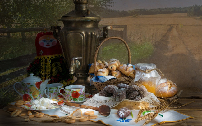 Обои картинки фото еда, натюрморт, выпечка, чай, самовар