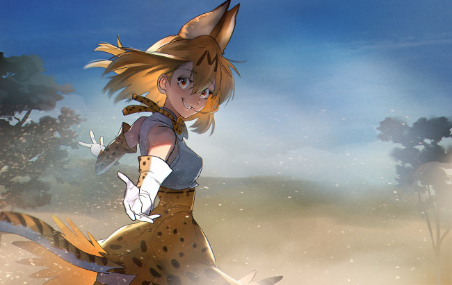 Обои картинки фото аниме, kemono friends, фон, взгляд, девушка