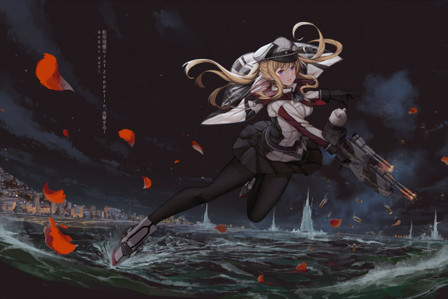 Обои картинки фото аниме, kantai collection, kantai, collection, art, оружие, anime, лепестки, вода, девушка