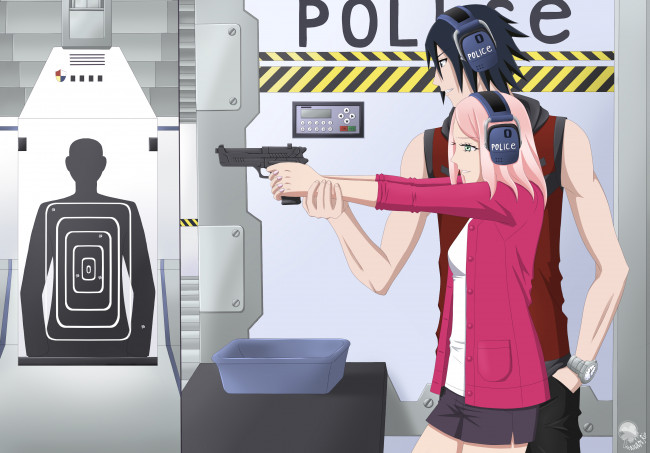 Обои картинки фото аниме, naruto, мишень, тир, оружие, саске, пистолет, наушники, сакура